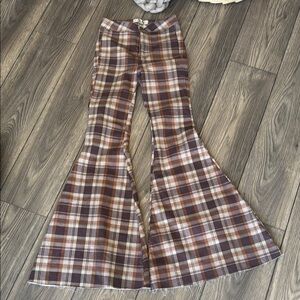 Free people just float on by brown plaid super flared pants